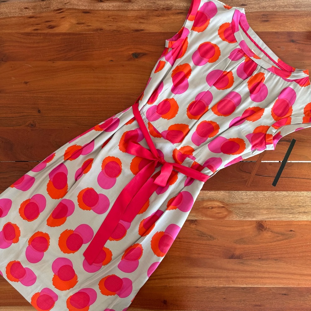 Boden White Midi Dress with Pink and Orange Polka Dots